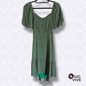 Heyson Tiny Dancer Green Floral Hi Lo Ruffle Dress Bow Back Women's Small